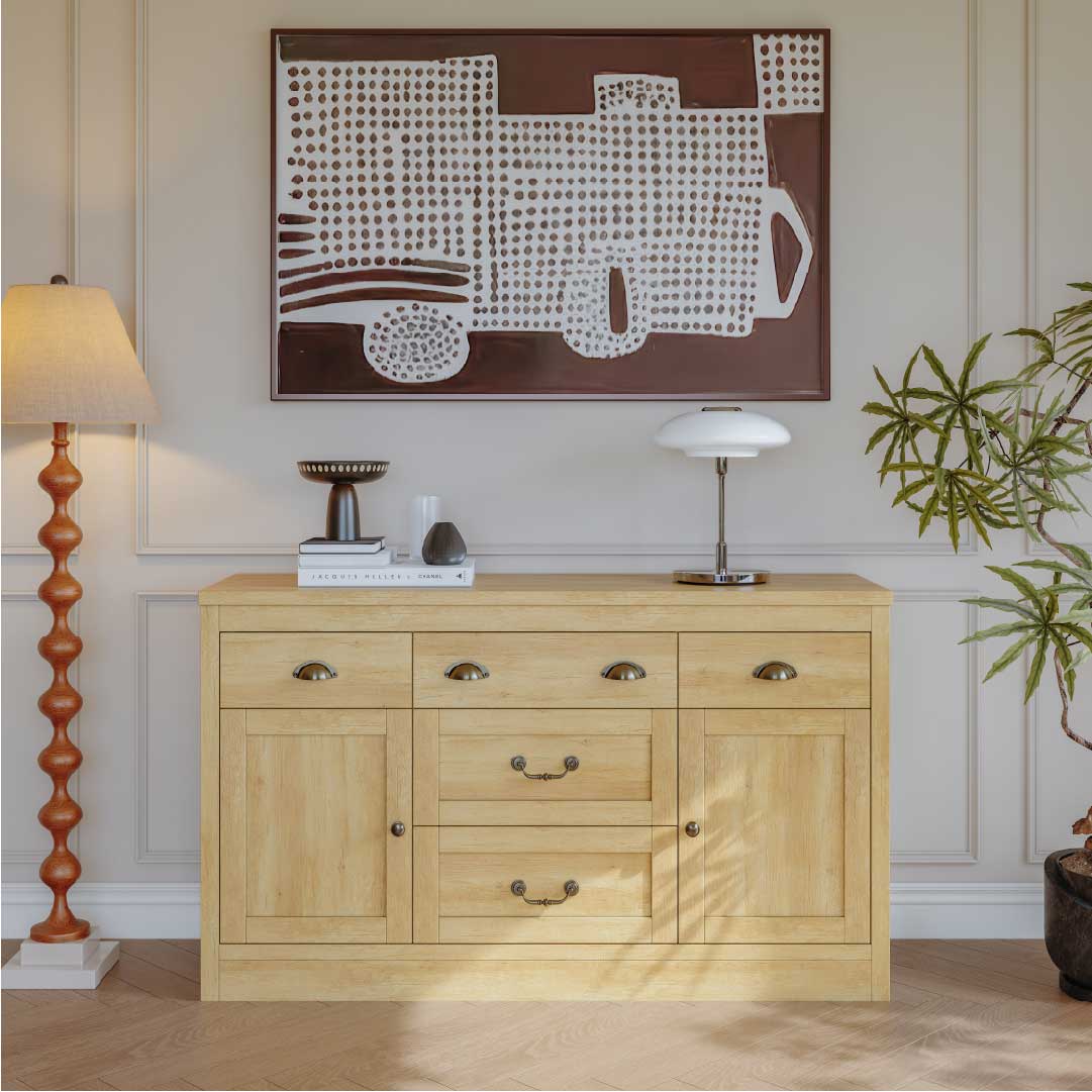 YELENARO Sideboard 135 cm – Naturholz mit 5 Schubladen & 2 Türen