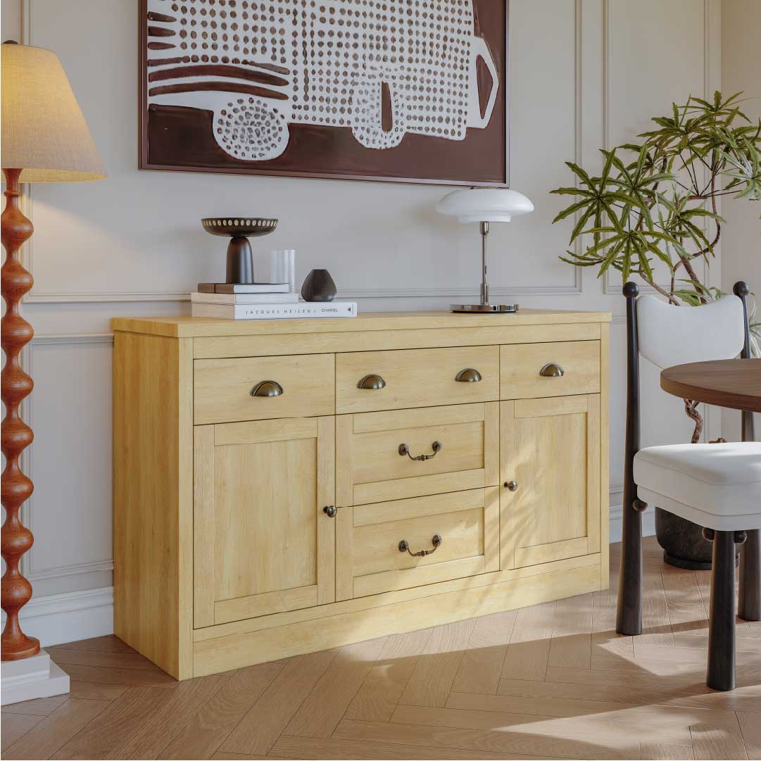 YELENARO Sideboard 135 cm – Naturholz mit 5 Schubladen & 2 Türen