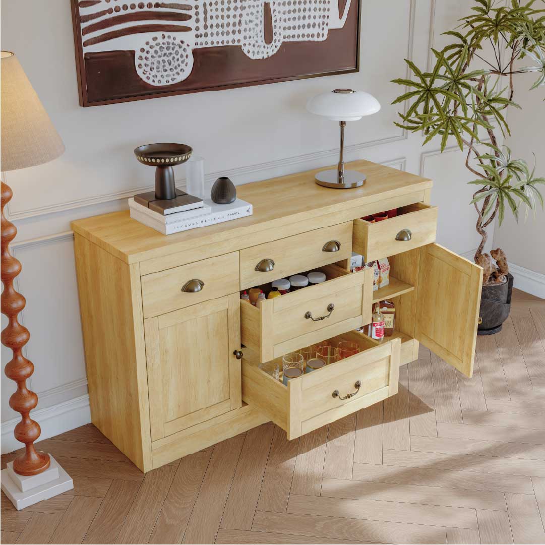 YELENARO Sideboard 135 cm – Naturholz mit 5 Schubladen & 2 Türen