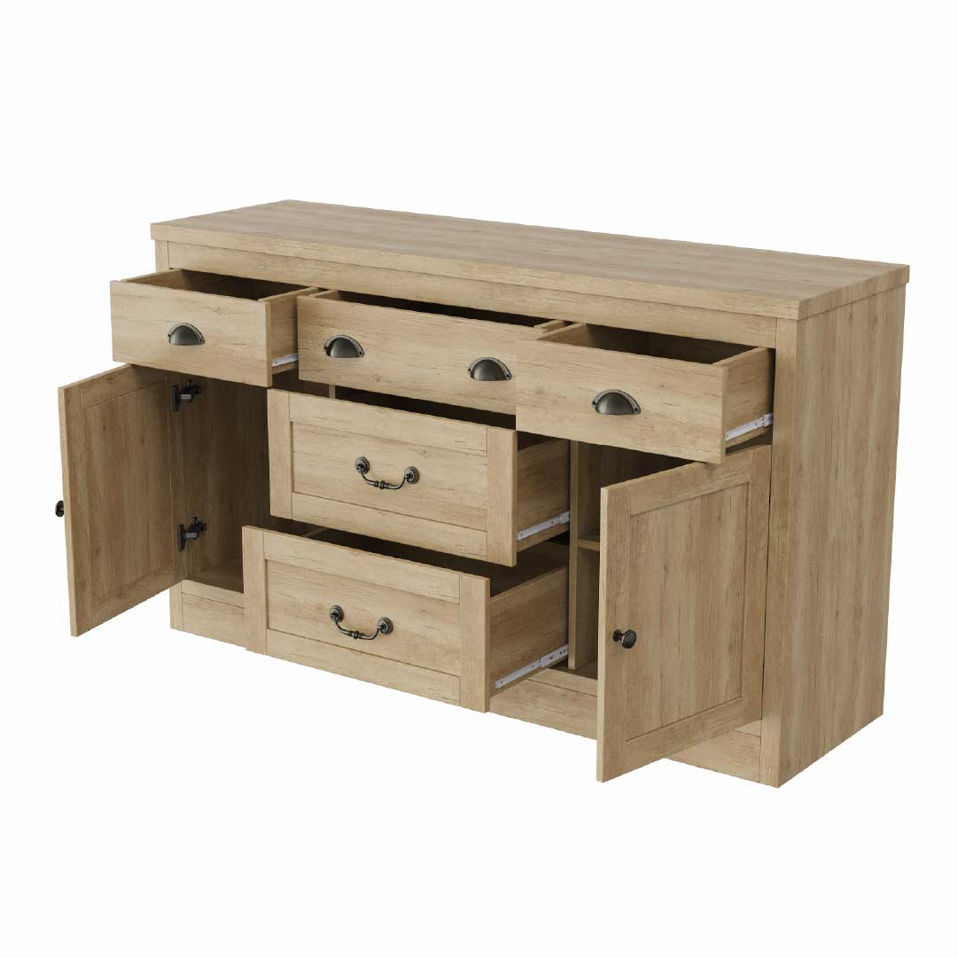 YELENARO Sideboard 135 cm – Naturholz mit 5 Schubladen & 2 Türen