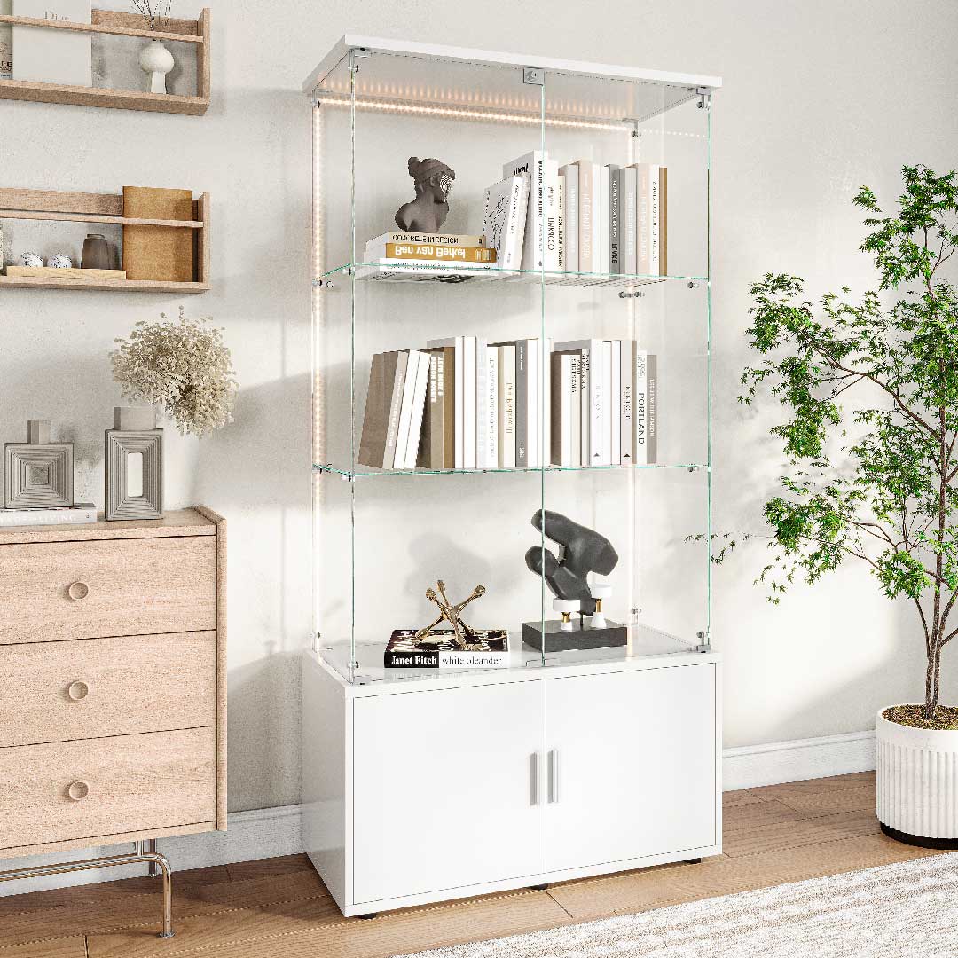 Yelenaro Glasvitrine 164 cm mit LED-Beleuchtung – Vitrine mit Türen & Stauraum, Gehärtetes Glas, Schrank mit Touch-Licht oder LED-Streifen