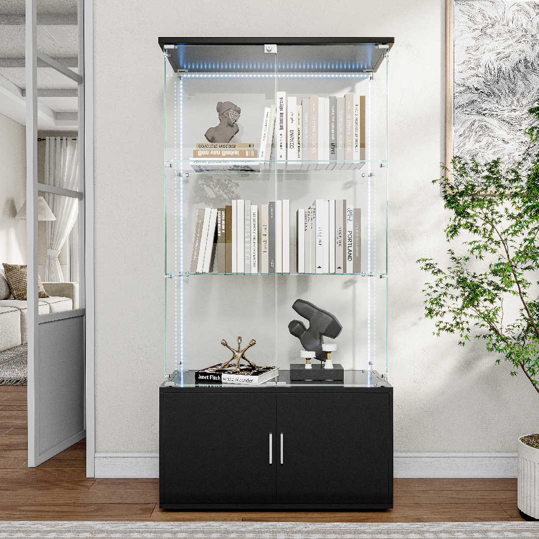 Yelenaro Glasvitrine 164 cm mit LED-Beleuchtung – Vitrine mit Türen & Stauraum, Gehärtetes Glas, Schrank mit Touch-Licht oder LED-Streifen
