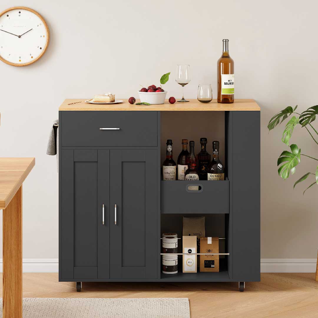 Yelenaro Küchenwagen mit Arbeitsplatte – Rollbarer Küchenschrank mit Schublade & Regalen, Weiß oder Schwarz