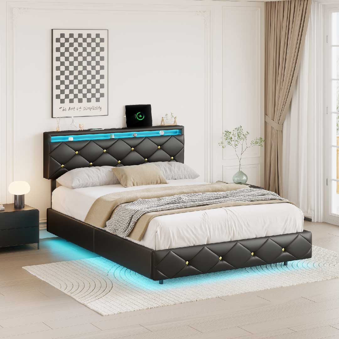 Yelenaro LED Doppelbett mit USB & Verstellbarem Kopfteil – Schwarz PU