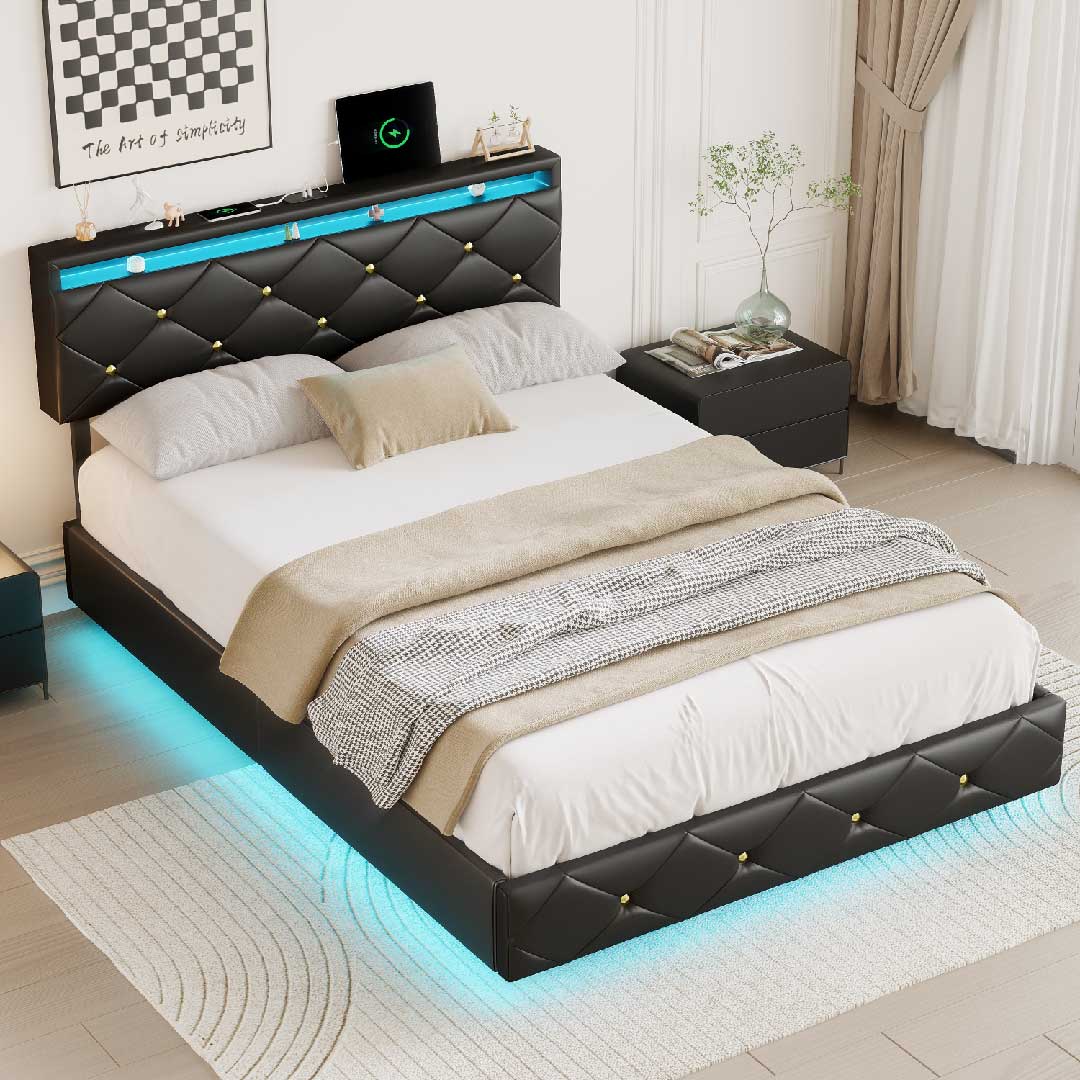 Yelenaro LED Doppelbett mit USB & Verstellbarem Kopfteil – Schwarz PU
