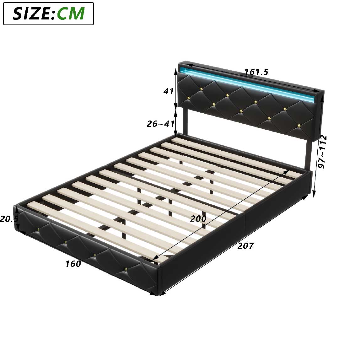Yelenaro LED Doppelbett mit USB & Verstellbarem Kopfteil – Schwarz PU