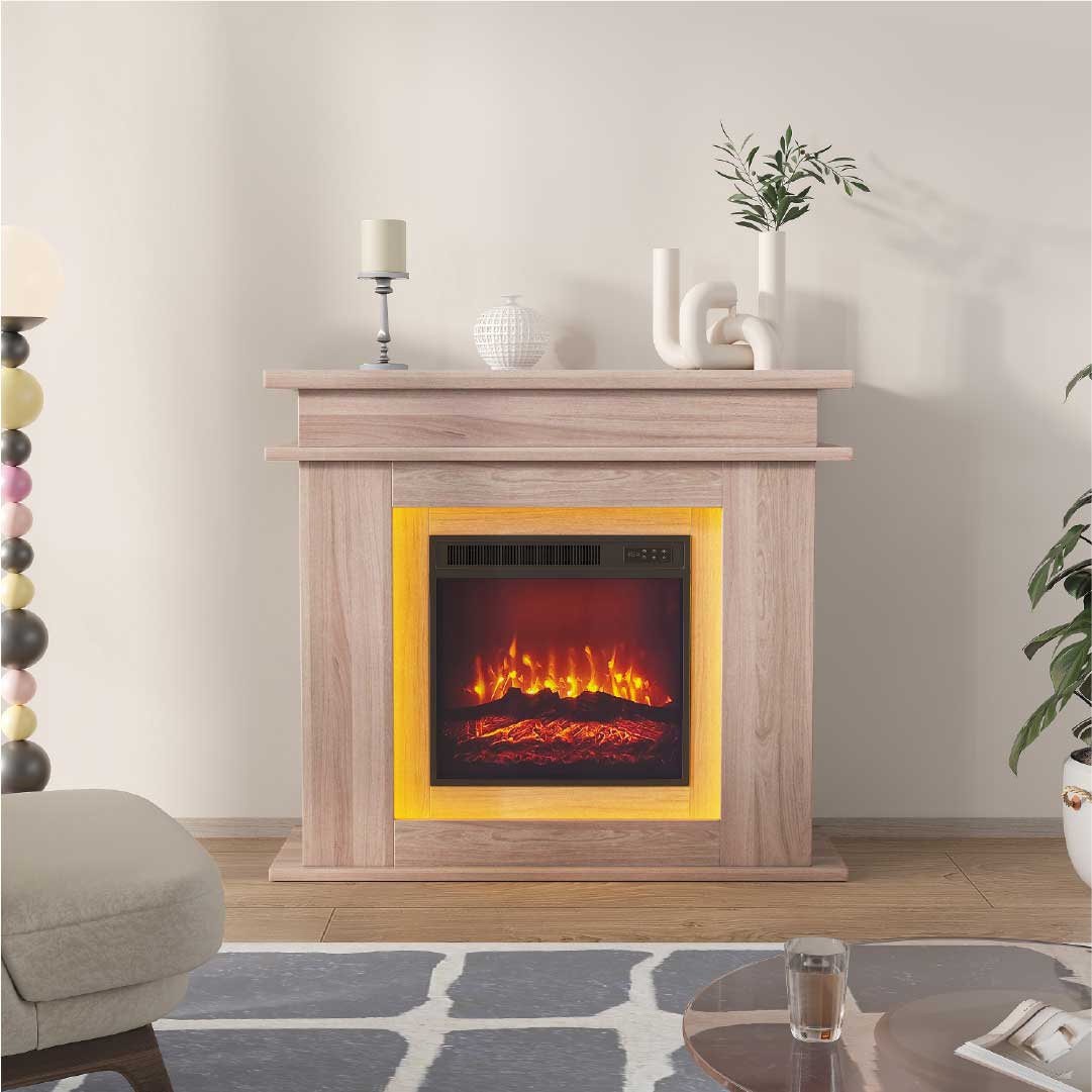 Yelenaro Elektrokamin 39 Zoll mit Heizung in Grau, moderner Standkamin mit realistischer 3D-Flamme und warmem LED-Ambientelicht im Wohnzimmer