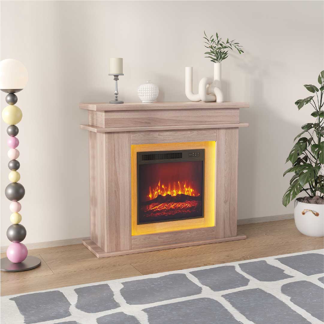 Moderner Yelenaro Elektrokamin 39 Zoll mit LED-Licht und 3D-Flammeneffekt, dekorativer Standkamin in grauer Holzoptik im Wohnraum