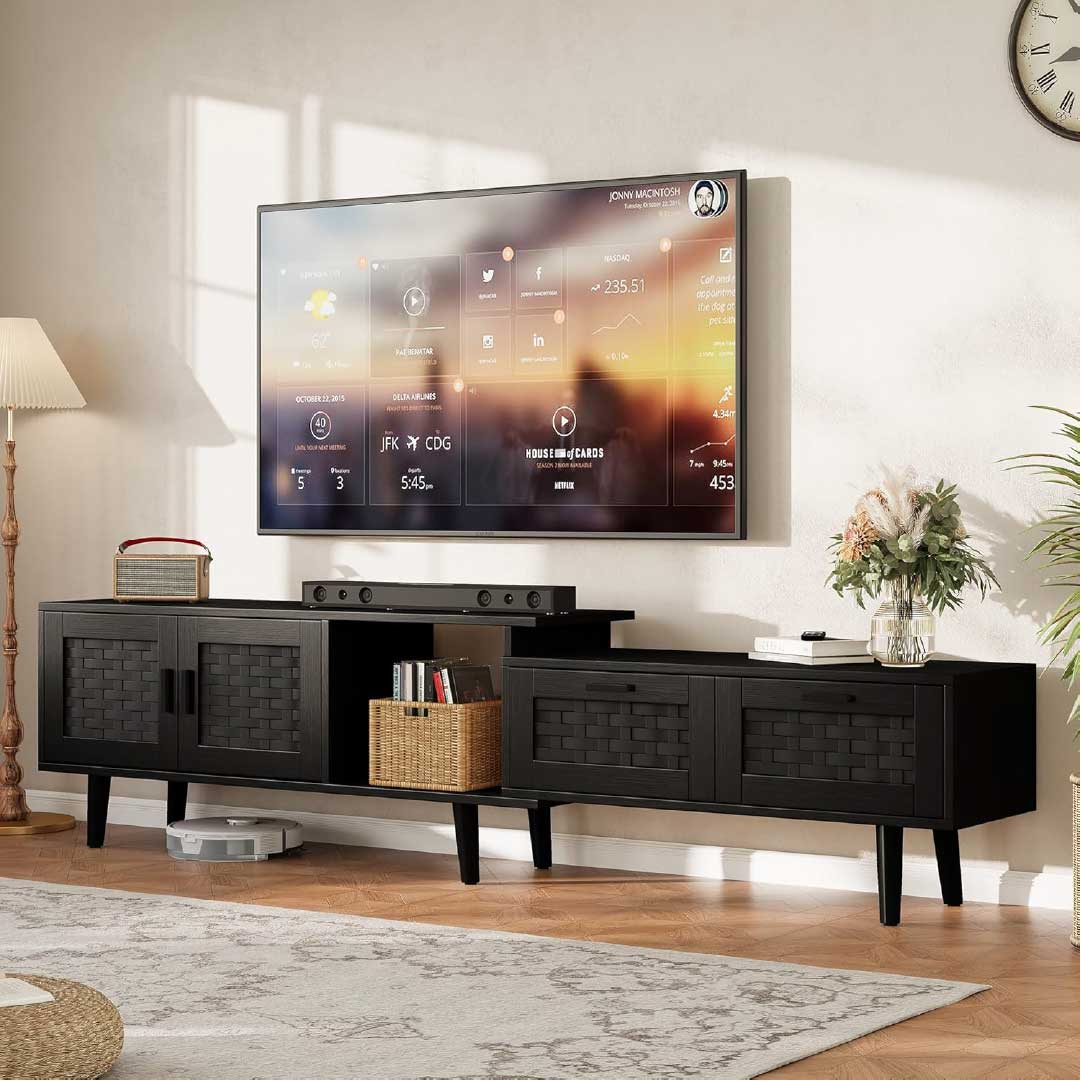 Yelenaro Ausziehbar TV-Lowboard aus Holz mit Rattanfront – 146-180 cm