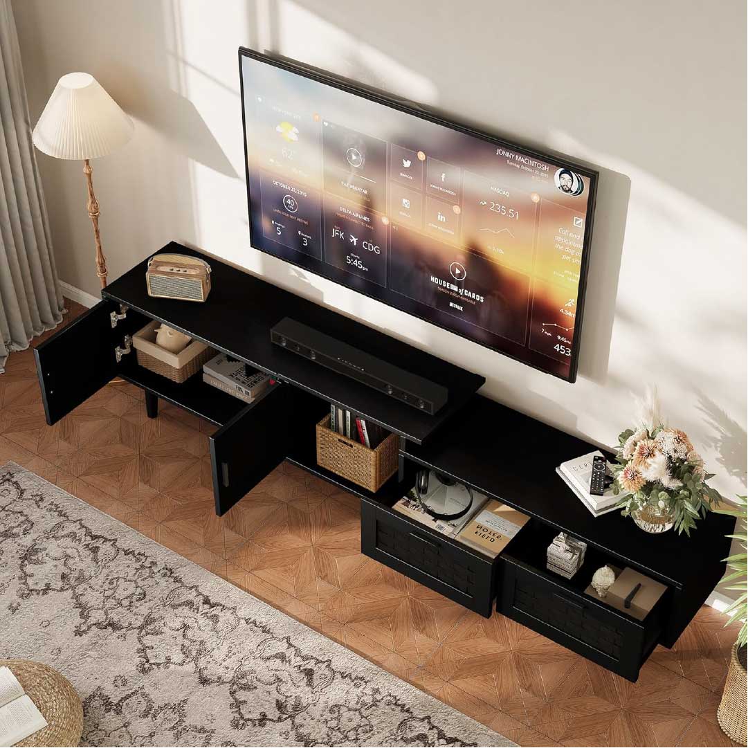 Yelenaro Ausziehbar TV-Lowboard aus Holz mit Rattanfront – 146-180 cm