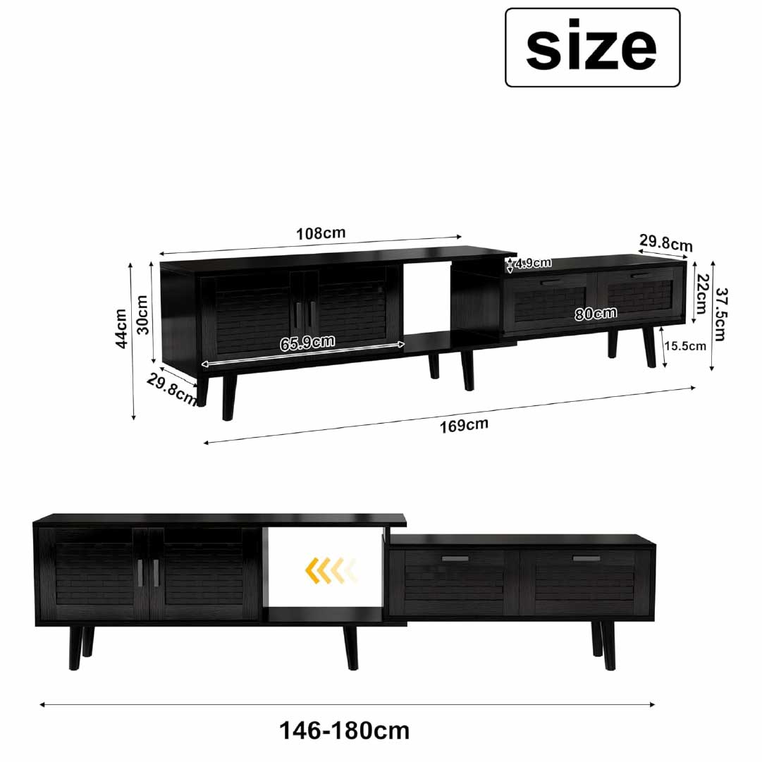 Yelenaro Ausziehbar TV-Lowboard aus Holz mit Rattanfront – 146-180 cm