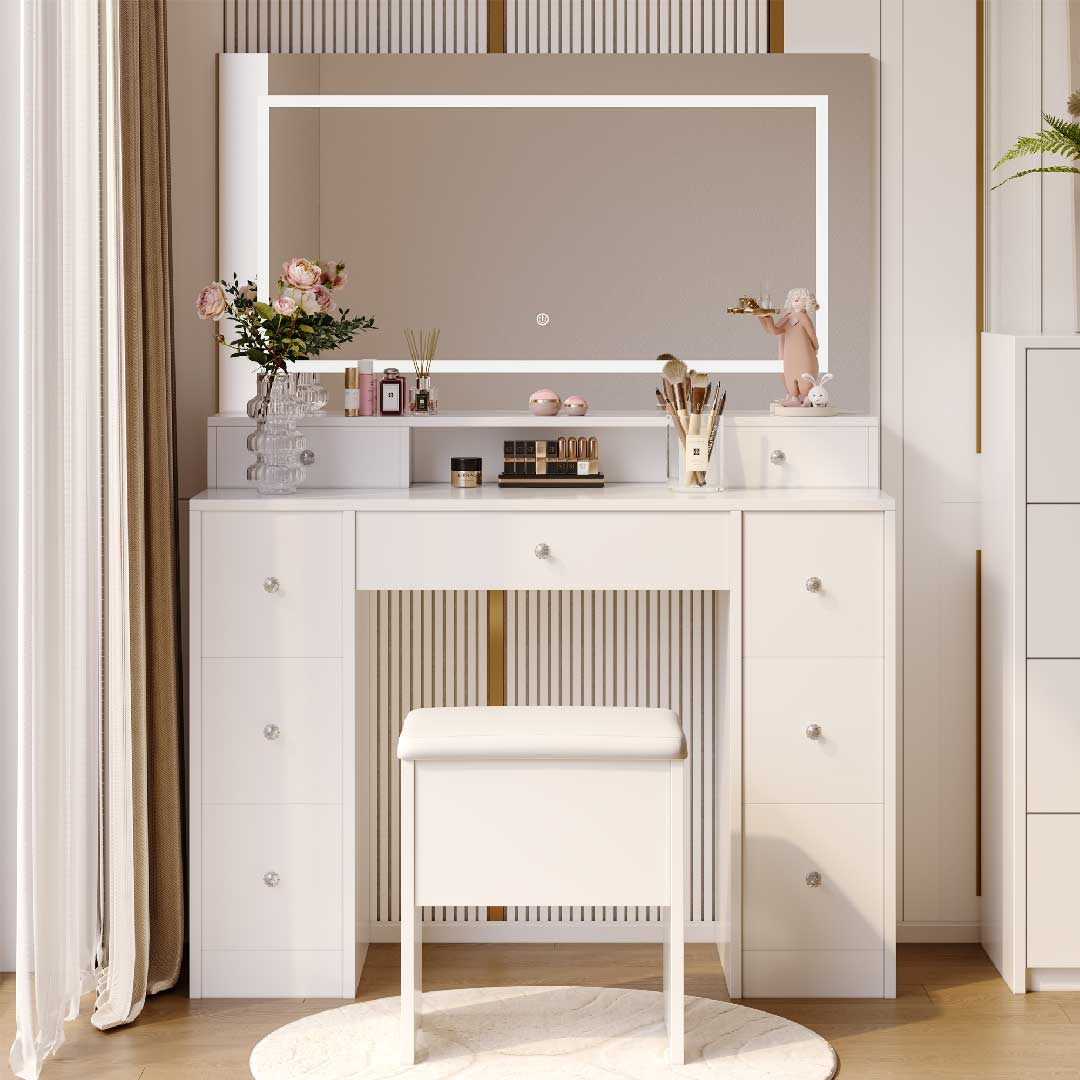 Yelenaro Schminktisch mit LED-Spiegel – Moderner Weißer Frisiertisch mit 9 Schubladen & Hocker