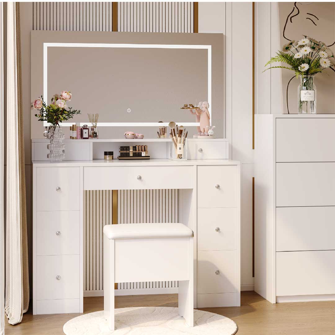 Yelenaro Schminktisch mit LED-Spiegel – Moderner Weißer Frisiertisch mit 9 Schubladen & Hocker