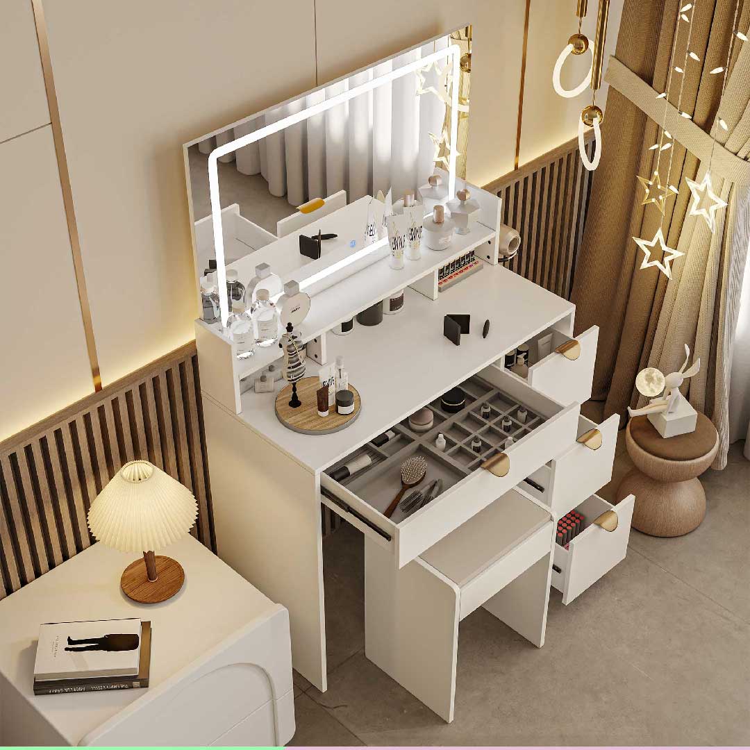 Yelenaro Schminktisch mit LED-Spiegel, Steckdosen & Hocker – 4 Schubladen & Ablagen