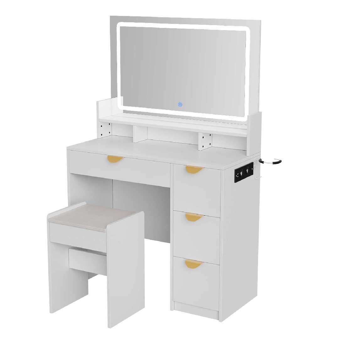Yelenaro Schminktisch mit LED-Spiegel, Steckdosen & Hocker – 4 Schubladen & Ablagen