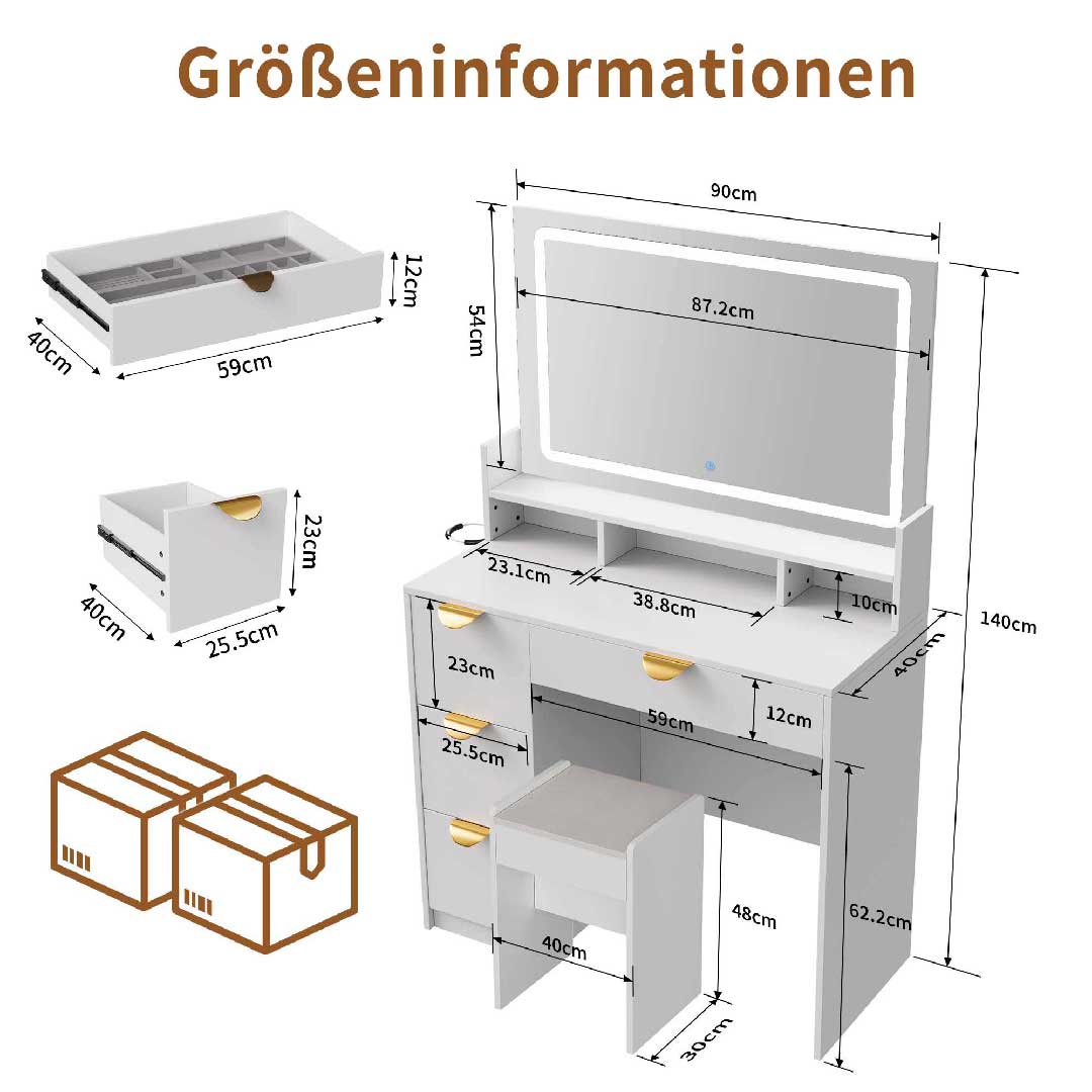 Yelenaro Schminktisch mit LED-Spiegel, Steckdosen & Hocker – 4 Schubladen & Ablagen