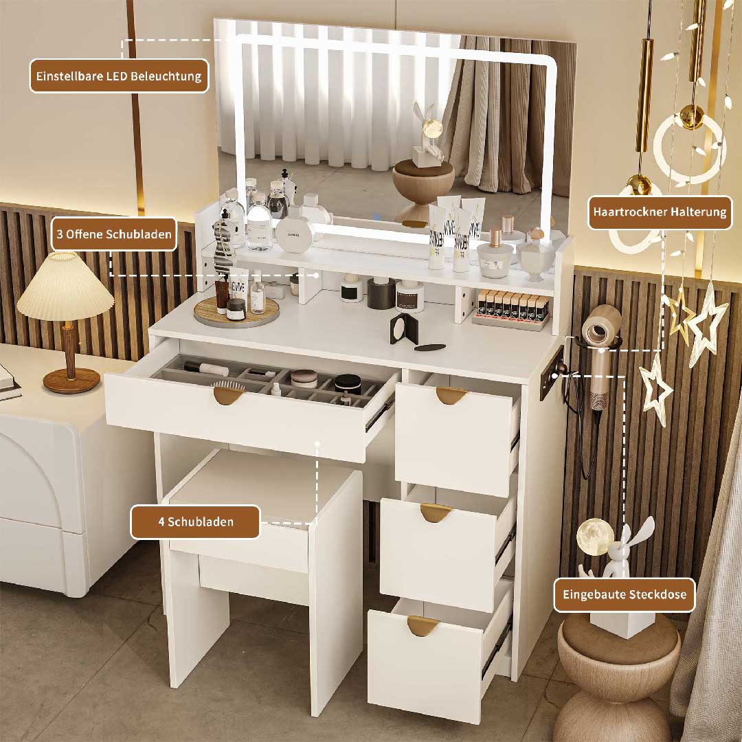 Yelenaro Schminktisch mit LED-Spiegel, Steckdosen & Hocker – 4 Schubladen & Ablagen