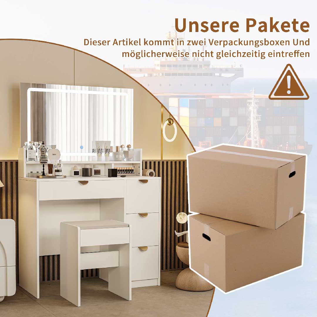 Yelenaro Schminktisch mit LED-Spiegel, Steckdosen & Hocker – 4 Schubladen & Ablagen