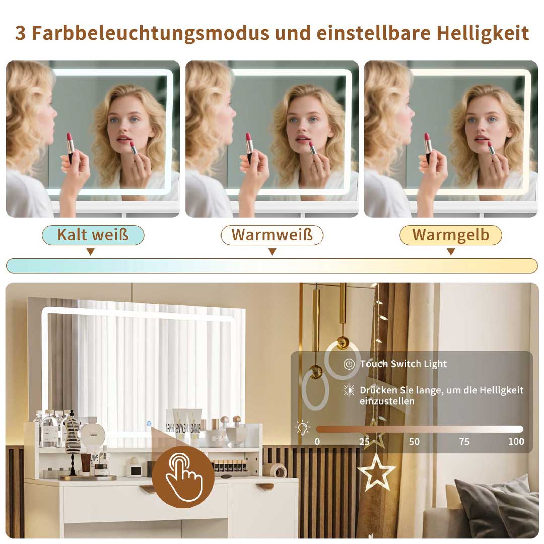 Yelenaro Schminktisch mit LED-Spiegel, Steckdosen & Hocker – 4 Schubladen & Ablagen