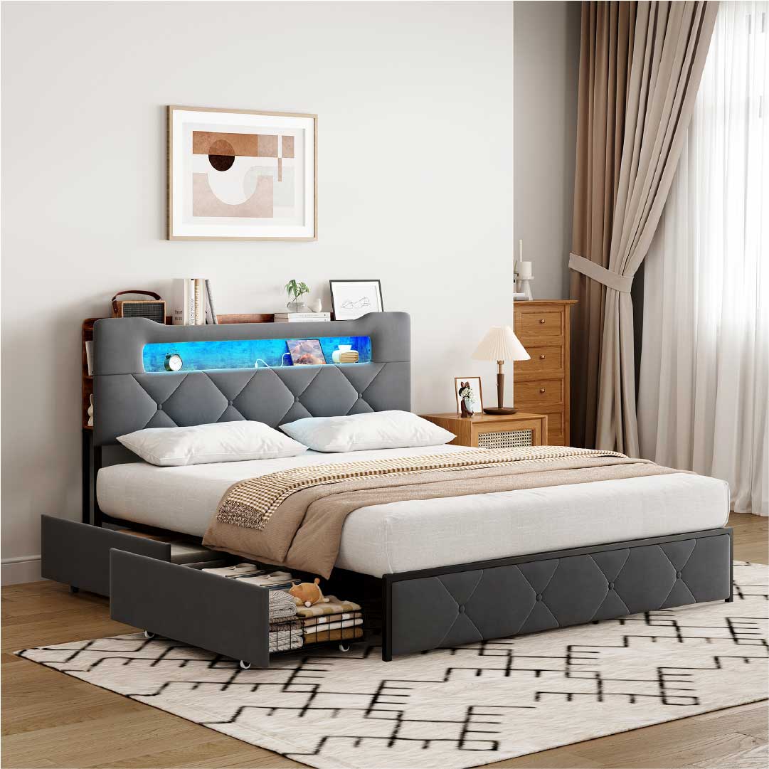 Yelenaro Polsterbett mit Stauraum, LED & USB – 4 Schubladen Bettgestell 140×200 / 160×200 cm