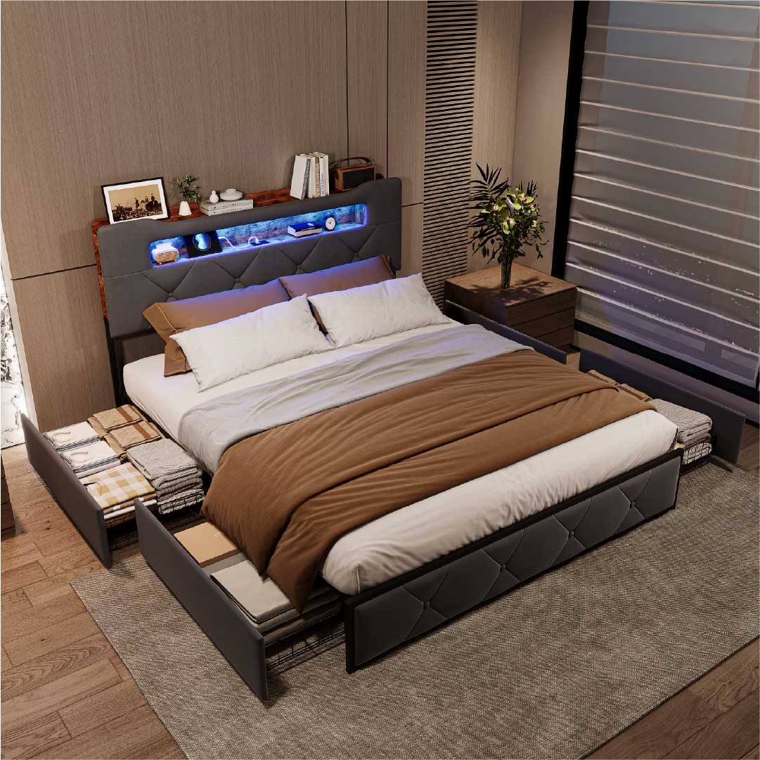 Yelenaro Polsterbett mit Stauraum, LED & USB – 4 Schubladen Bettgestell 140×200 / 160×200 cm