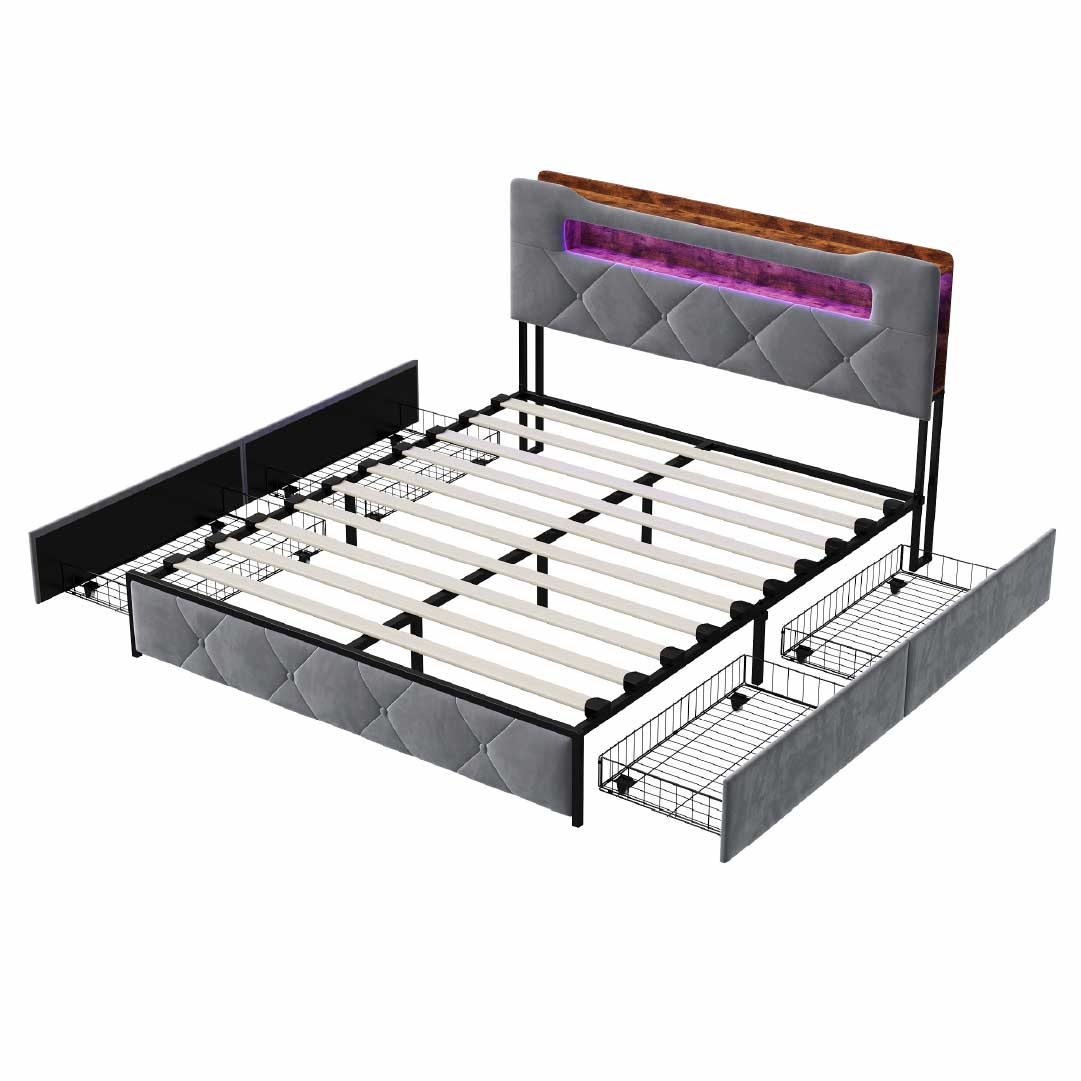 Yelenaro Polsterbett mit Stauraum, LED & USB – 4 Schubladen Bettgestell 140×200 / 160×200 cm