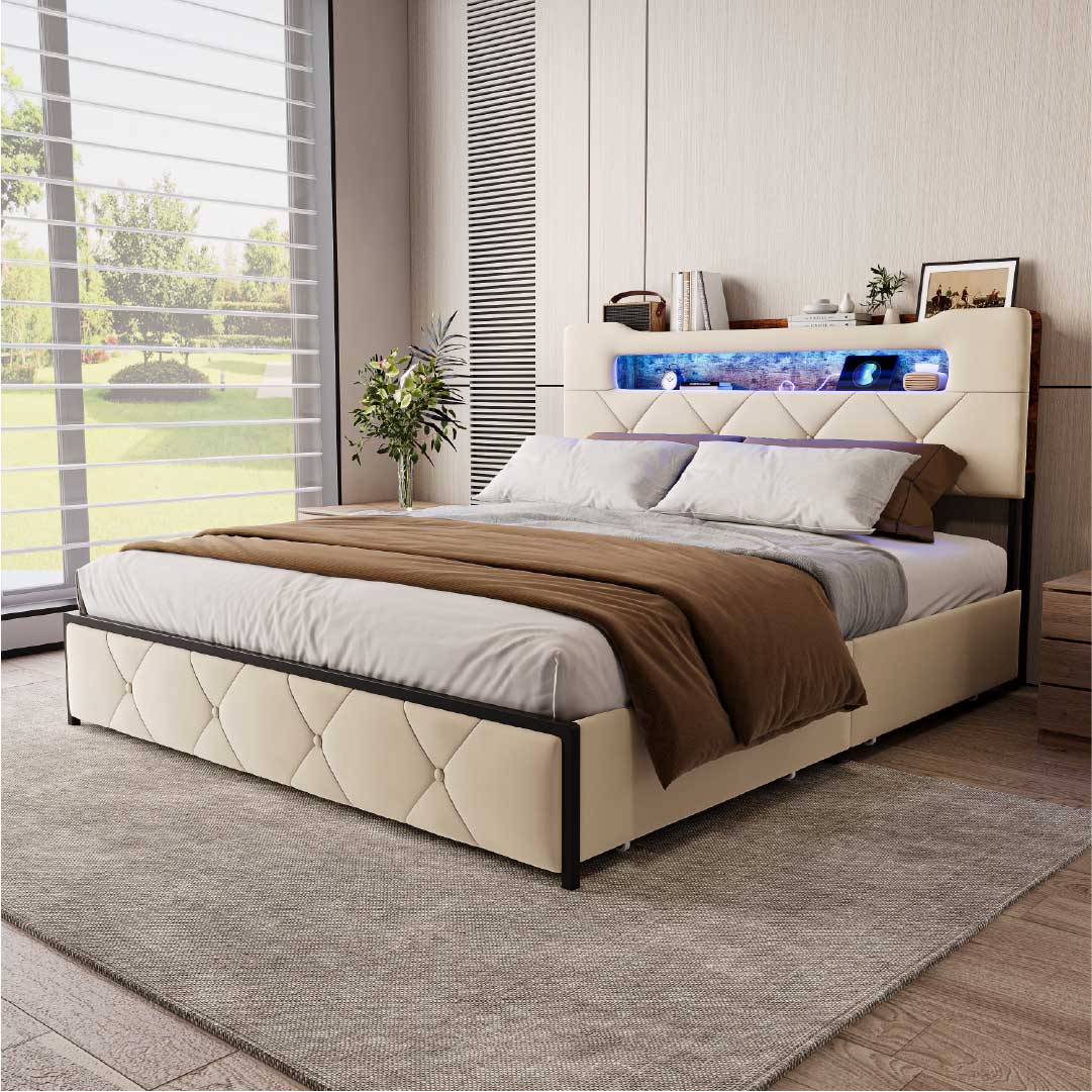 Yelenaro Polsterbett mit Stauraum, LED & USB – 4 Schubladen Bettgestell 140×200 / 160×200 cm