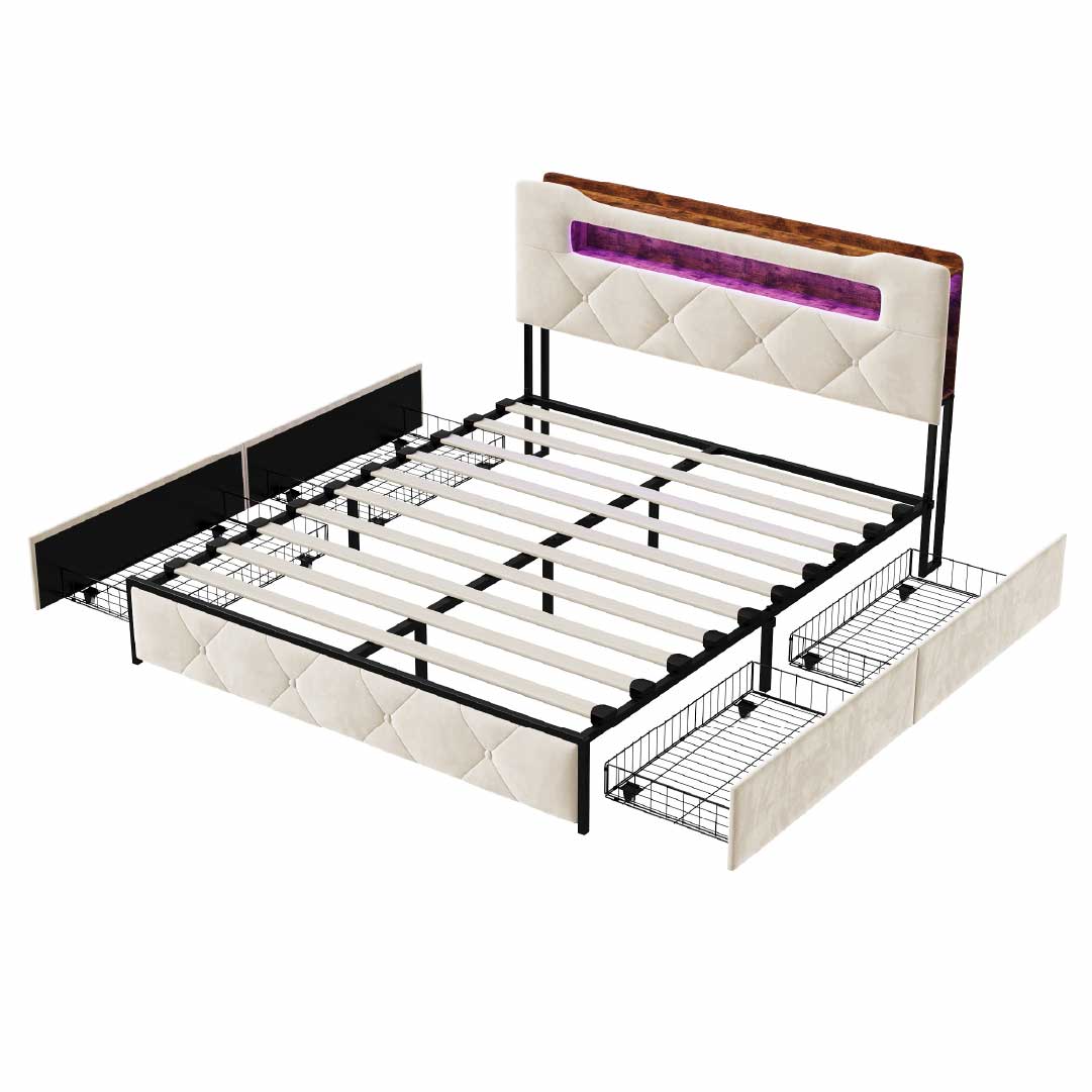 Yelenaro Polsterbett mit Stauraum, LED & USB – 4 Schubladen Bettgestell 140×200 / 160×200 cm
