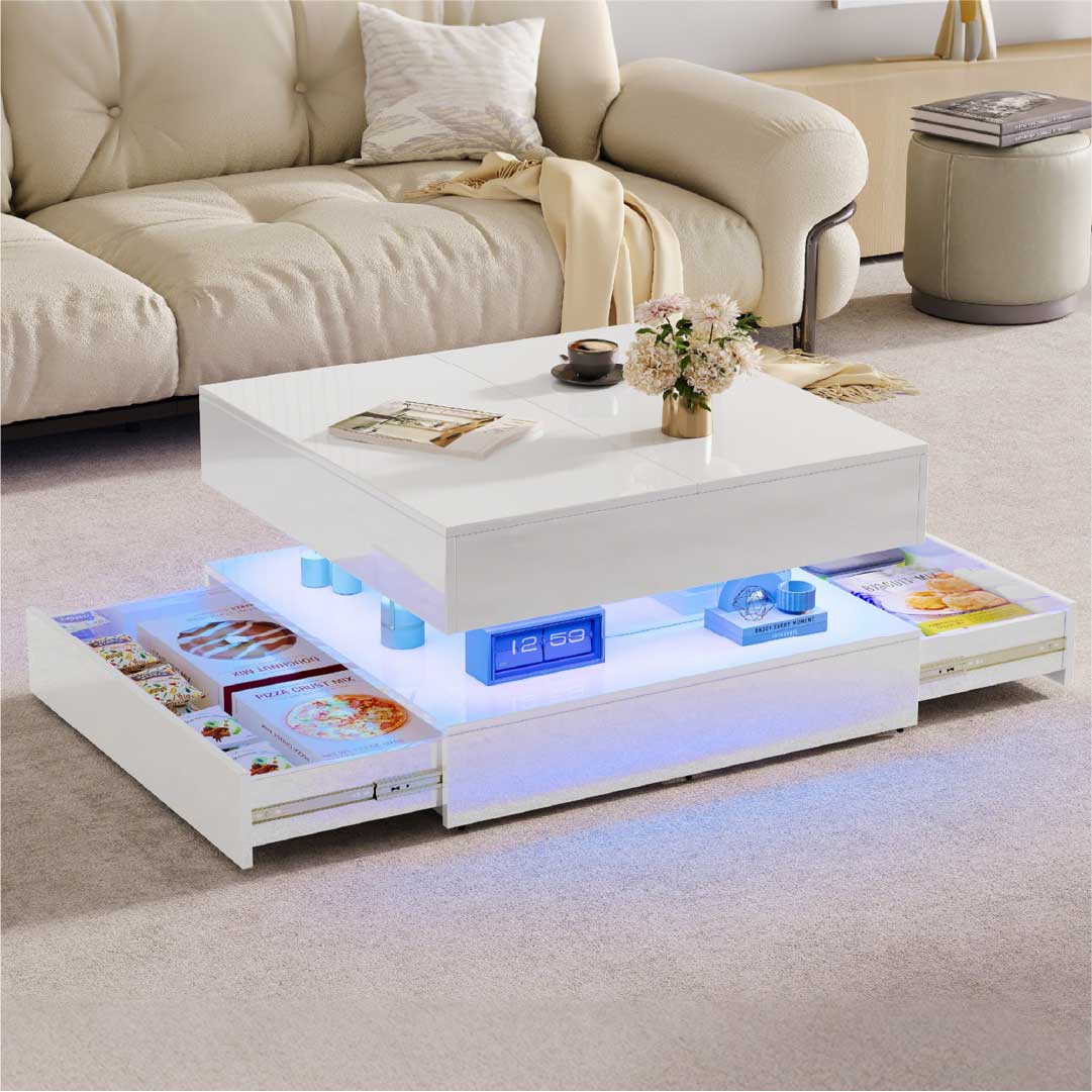 Yelenaro LED Couchtisch 78x78 cm mit Stauraum & 2 Schubladen