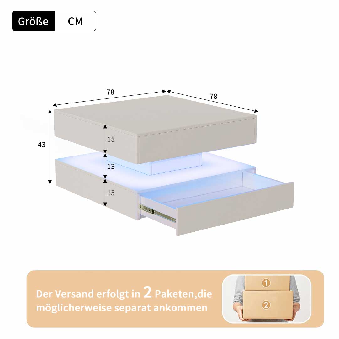 Yelenaro LED Couchtisch 78x78 cm mit Stauraum & 2 Schubladen