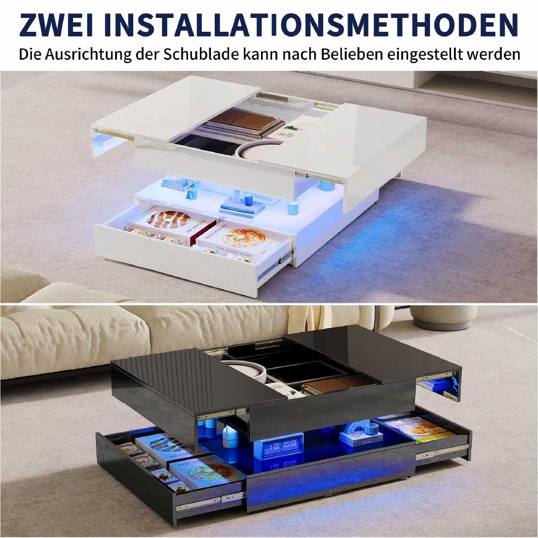 Yelenaro LED Couchtisch 78x78 cm mit Stauraum & 2 Schubladen
