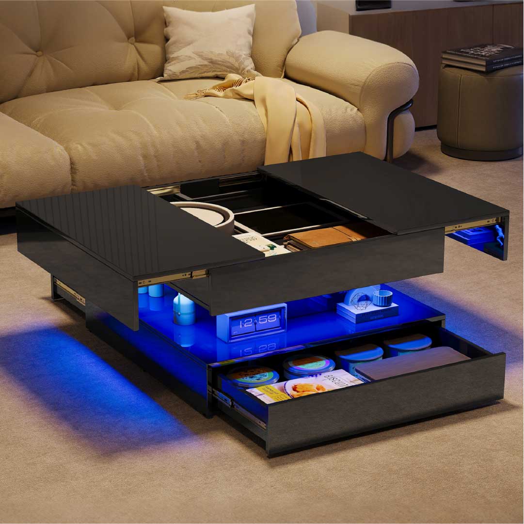 Yelenaro LED Couchtisch 78x78 cm mit Stauraum & 2 Schubladen
