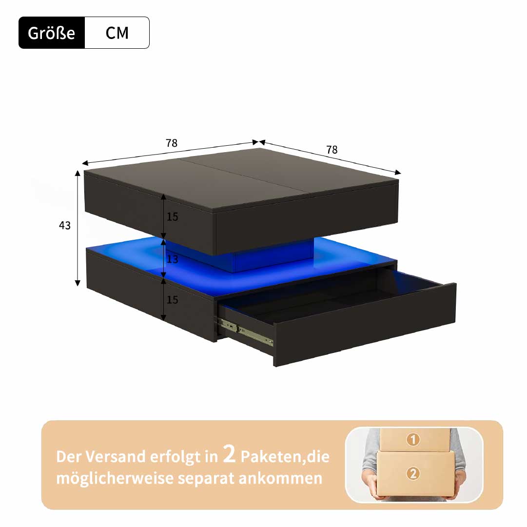 Yelenaro LED Couchtisch 78x78 cm mit Stauraum & 2 Schubladen