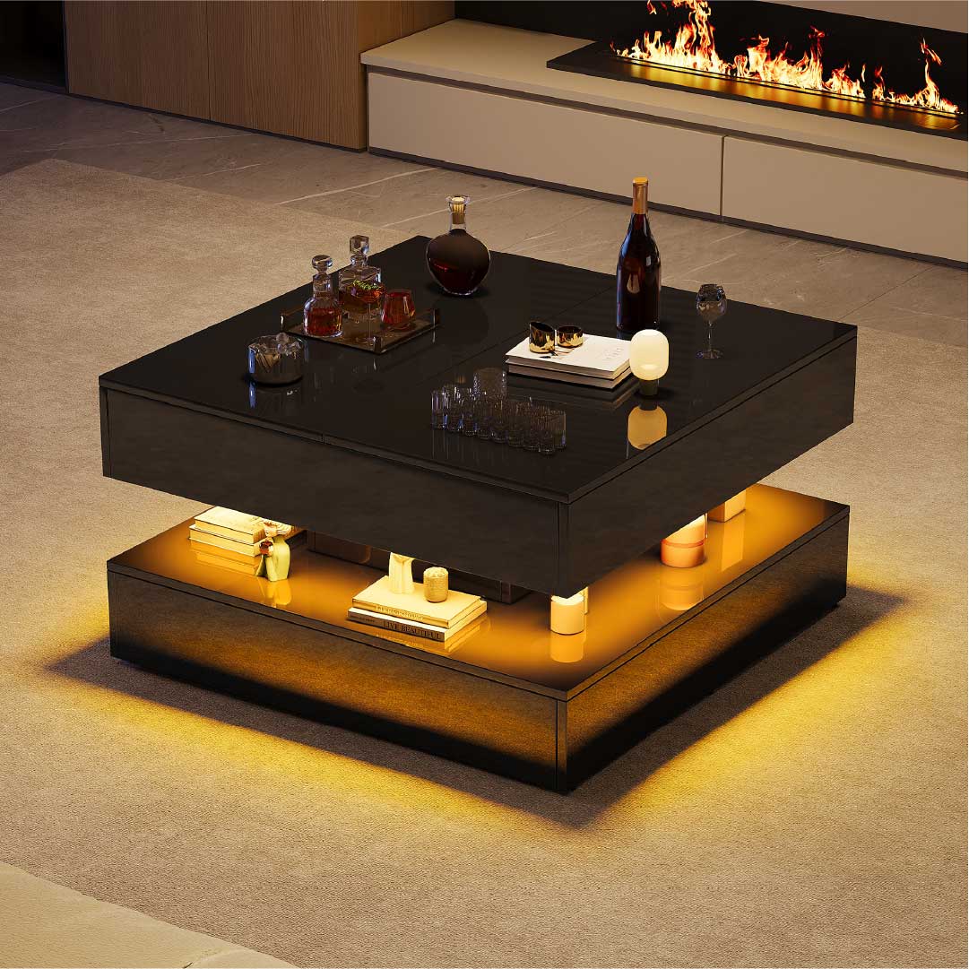Yelenaro LED Couchtisch 78x78 cm mit Stauraum & 2 Schubladen