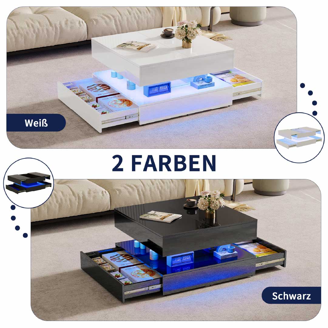 Yelenaro LED Couchtisch 78x78 cm mit Stauraum & 2 Schubladen