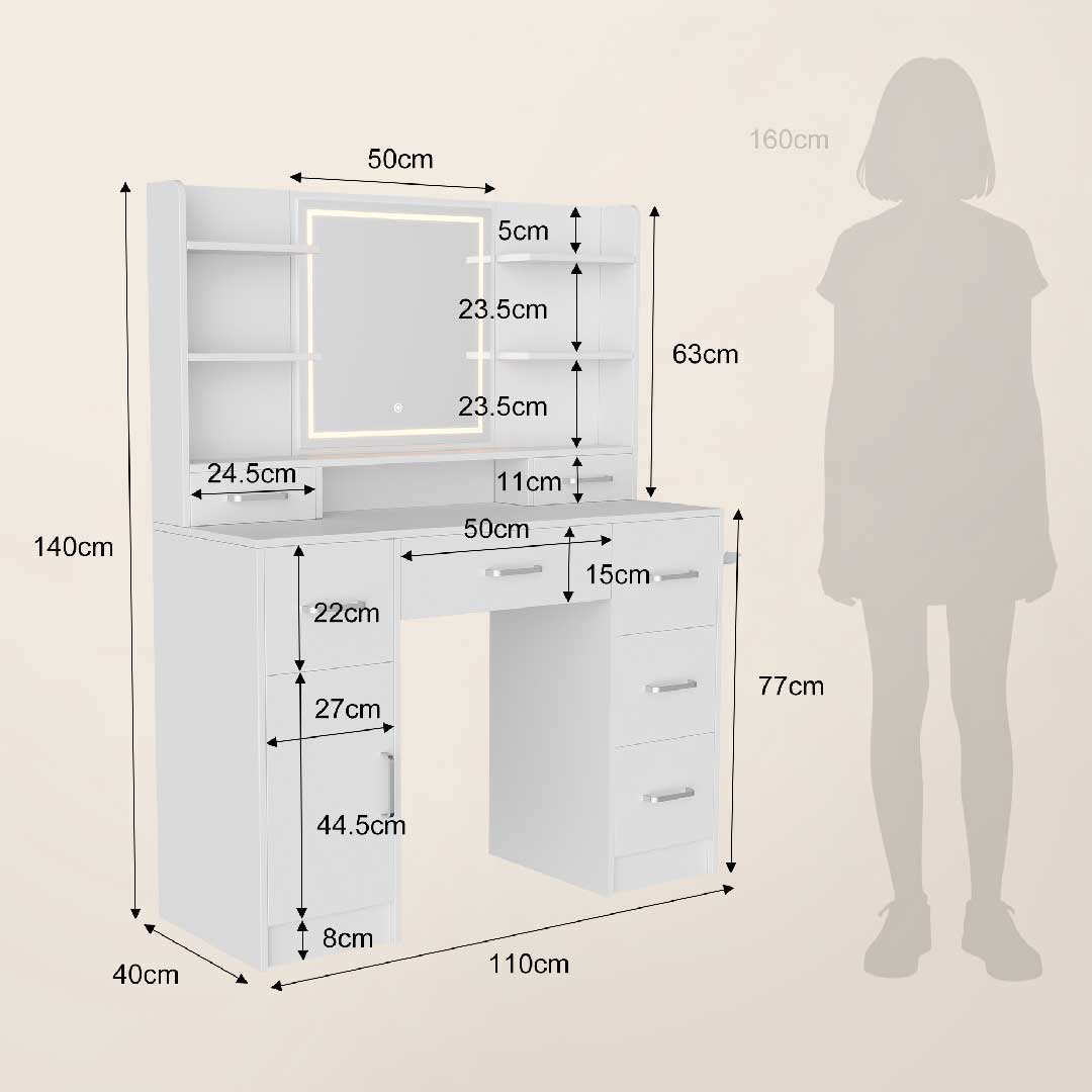 Yelenaro L-förmiger Schminktisch mit LED-Spiegel & Steckdose