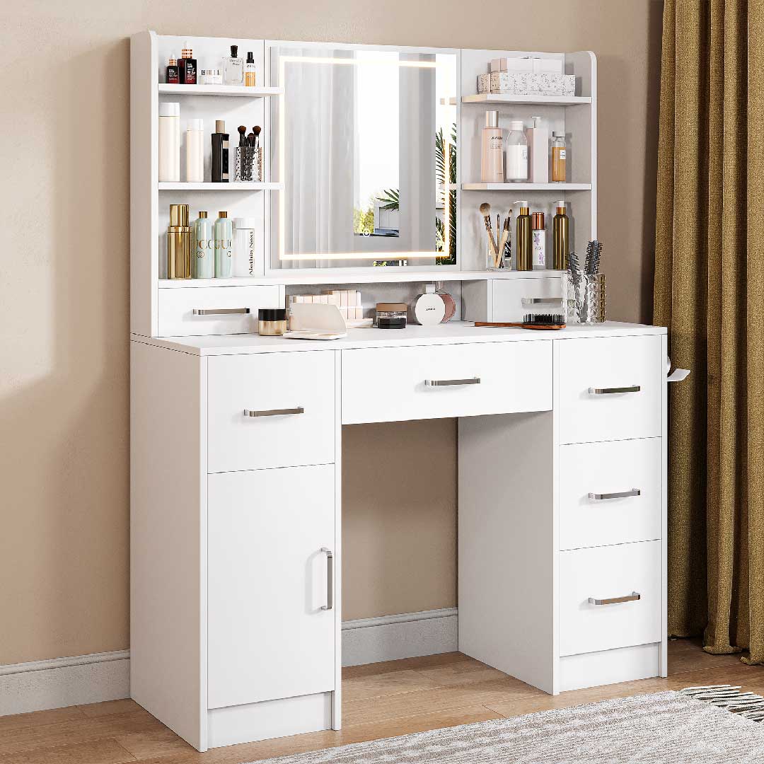 Yelenaro L-förmiger Schminktisch mit LED-Spiegel & Steckdose