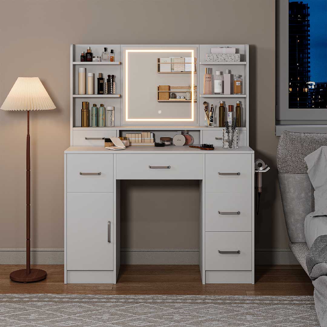 Yelenaro L-förmiger Schminktisch mit LED-Spiegel & Steckdose