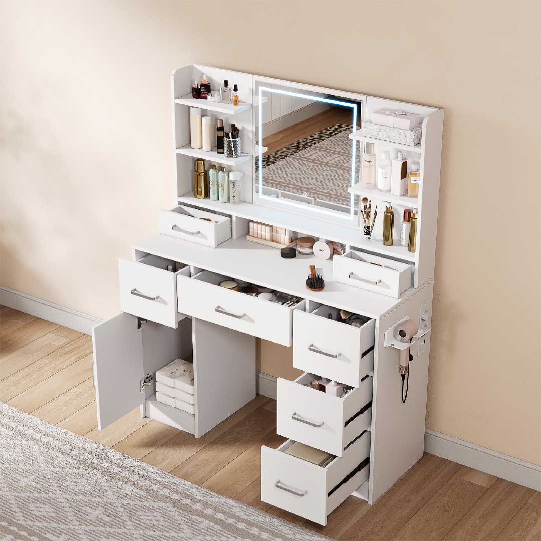 Yelenaro L-förmiger Schminktisch mit LED-Spiegel & Steckdose