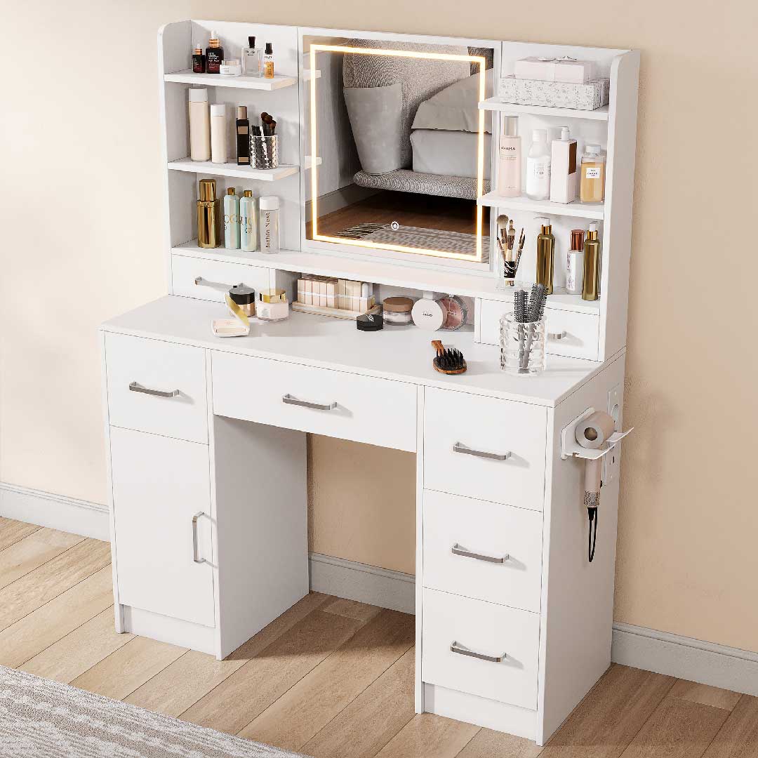 Yelenaro L-förmiger Schminktisch mit LED-Spiegel & Steckdose