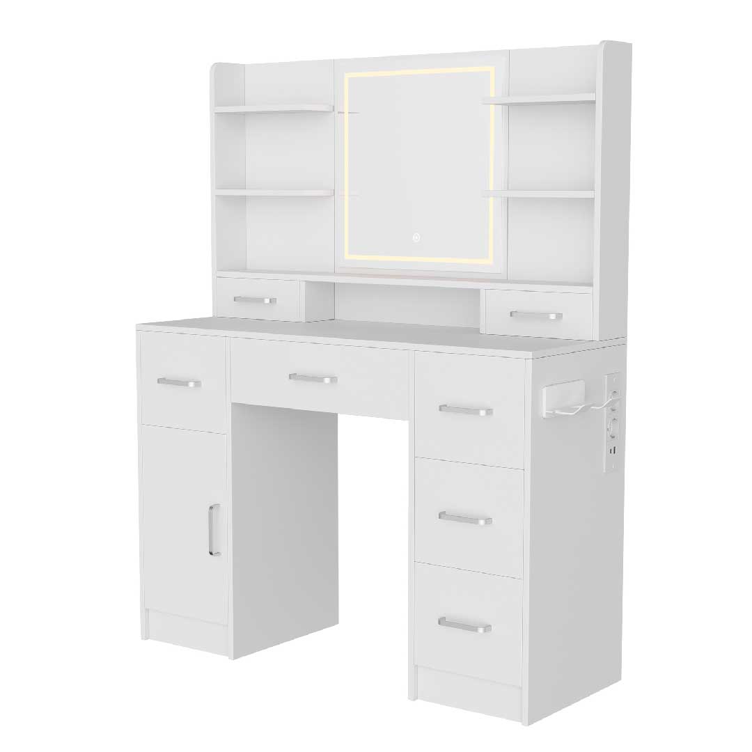 Yelenaro L-förmiger Schminktisch mit LED-Spiegel & Steckdose