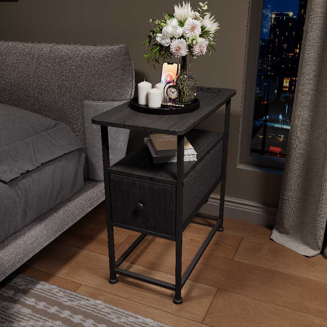 YELENARO Nachttisch mit Steckdose & USB – Beistelltisch mit Schublade