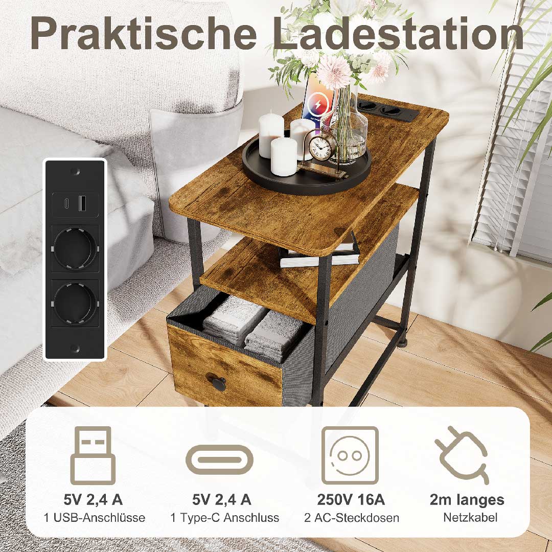 YELENARO Nachttisch mit Steckdose & USB – Beistelltisch mit Schublade