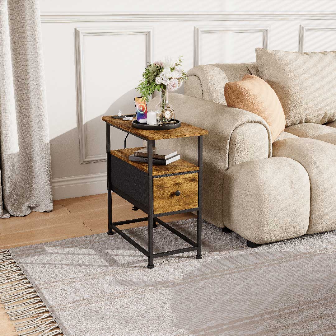 YELENARO Nachttisch mit Steckdose & USB – Beistelltisch mit Schublade