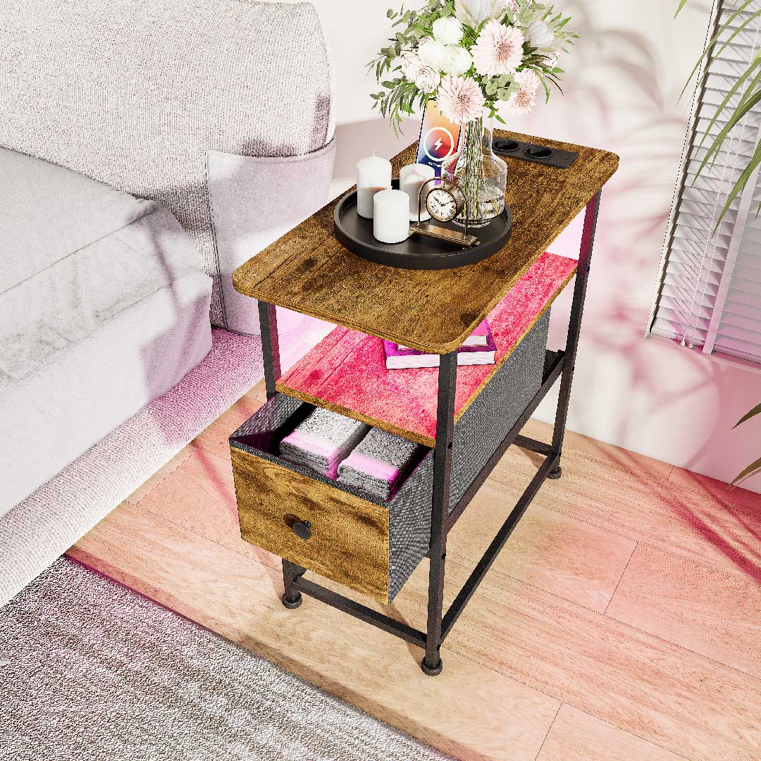 Nachttisch mit LED & USB – 3-stöckiger Beistelltisch mit 1 Schublade