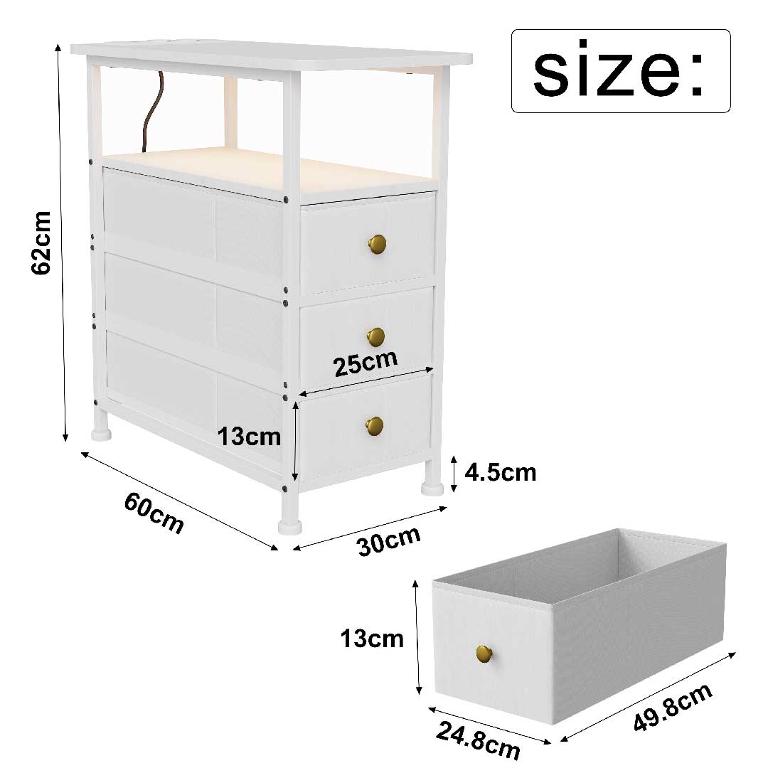 Nachttisch mit LED & Ladestation – 3 Schubladen & USB & Type-C - Beistelltisch für Schlafzimmer