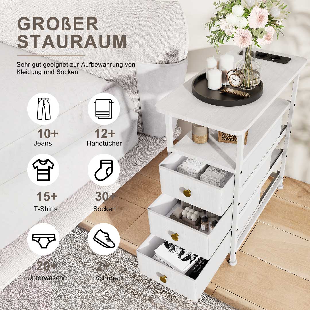 Yelenaro Nachttisch mit Ladestation & 3 Schubladen – USB & Type-C Beistelltisch