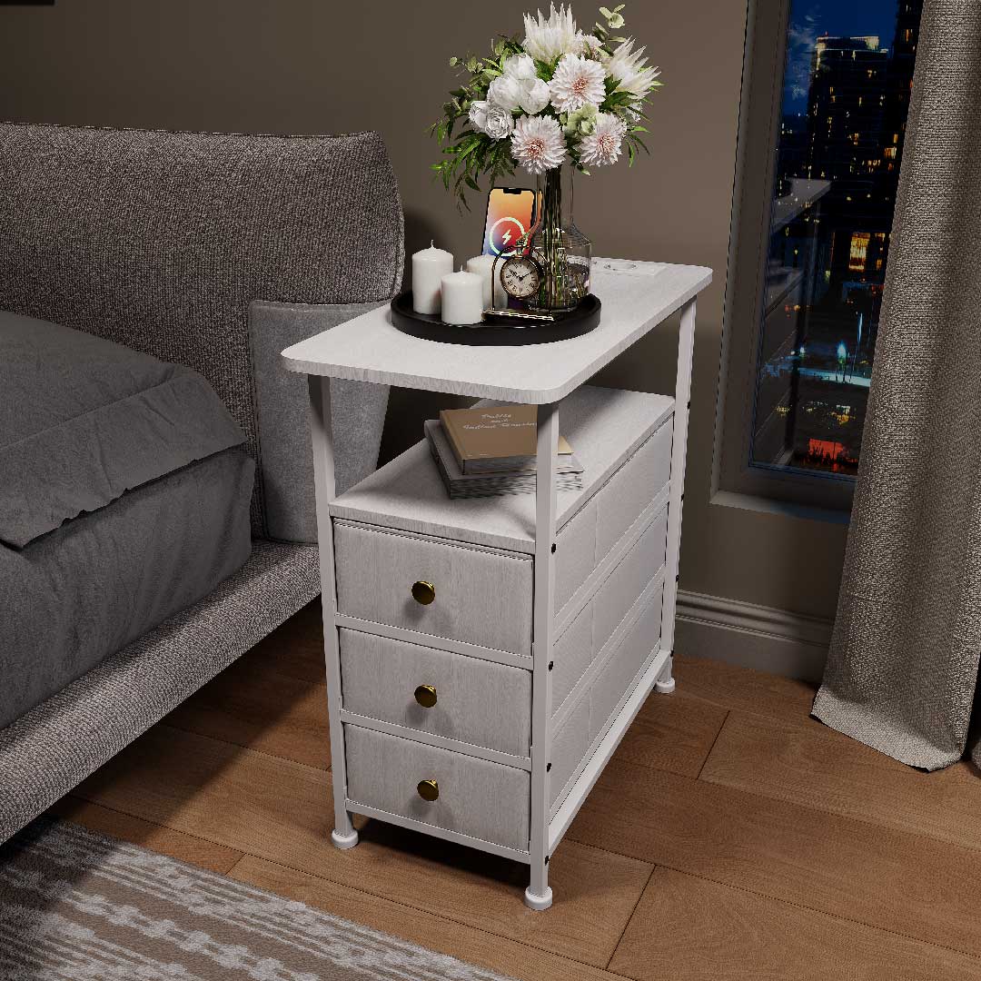 Yelenaro Nachttisch mit Ladestation & 3 Schubladen – USB & Type-C Beistelltisch