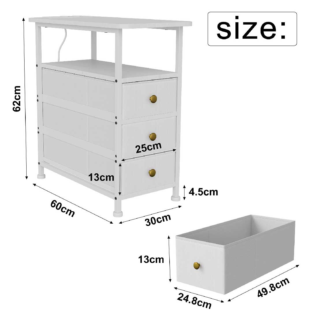 Yelenaro Nachttisch mit Ladestation & 3 Schubladen – USB & Type-C Beistelltisch