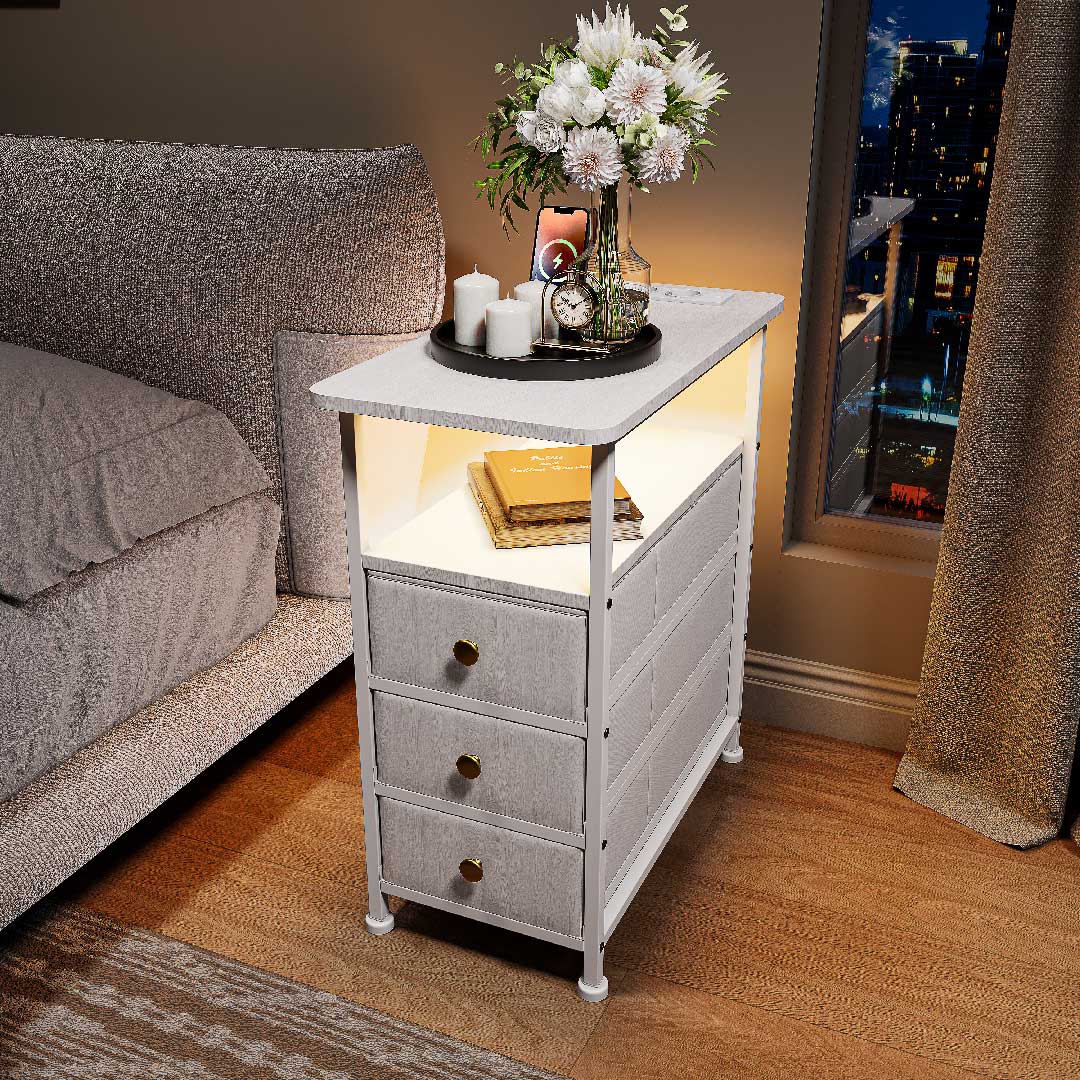 Nachttisch mit LED & Ladestation – 3 Schubladen & USB & Type-C - Beistelltisch für Schlafzimmer